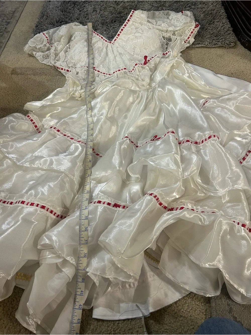 Veracruz Folkloric White & Red Trim Girls' Traditional Ruffled Costume Dress